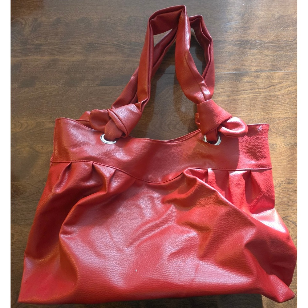 Bijoux Terner Ruby Red Pleated Hobo Tote Bag Knotted Straps Croc Trim Slouchy
